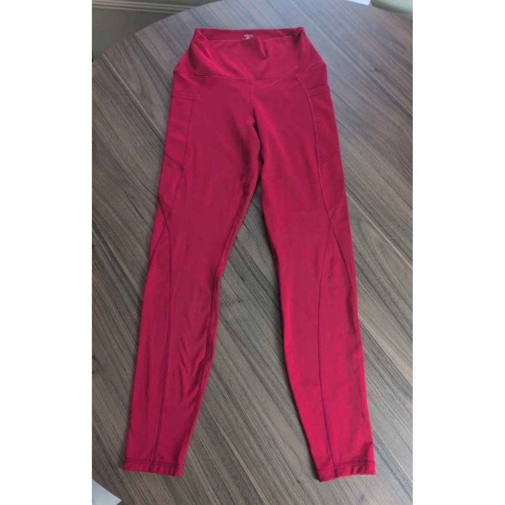 TitleTSLA Women's Small Red High-Rise Cargo Pocket Athletic Leggings Yoga...